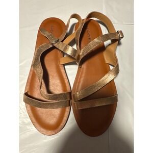 Lucky Brand Sandals Womens 8.5M Bronze Metallic Strappy Ankle Buckle Flat Shoes